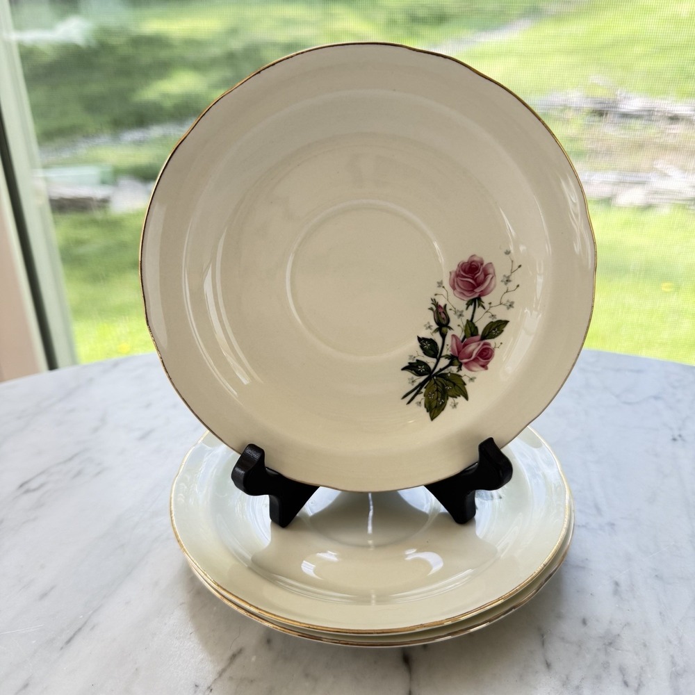 VTG 50s MCM Eastern‎ China Co USA Pink Rose Saucers 22K Gold Trim - Set of 3